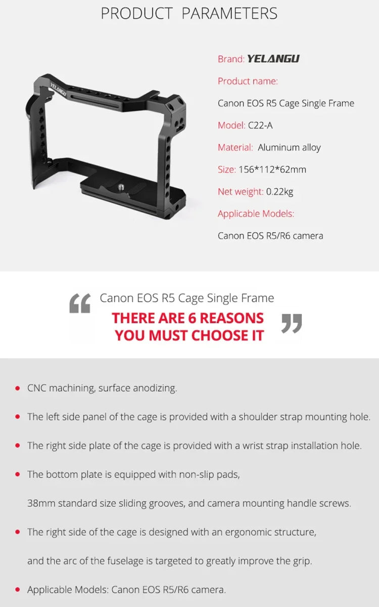 Stabilisateur de cage pour caméra vidéo YELANGU C22-A YLG0334B-A pour Canon EOS R5/R6/R, YLG0334B-A