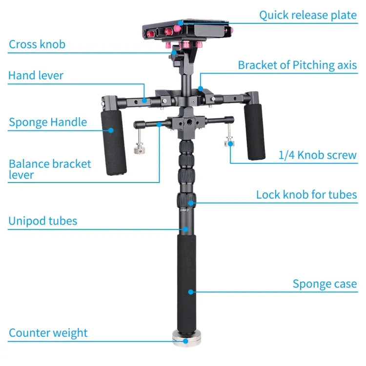 YELANGU S300 - Système multifonctionnel 4 en 1 comprenant un support d'épaule double, un monopode et un stabilisateur pour appareils photo/reflex, hauteur réglable de 63 cm à 170 cm.