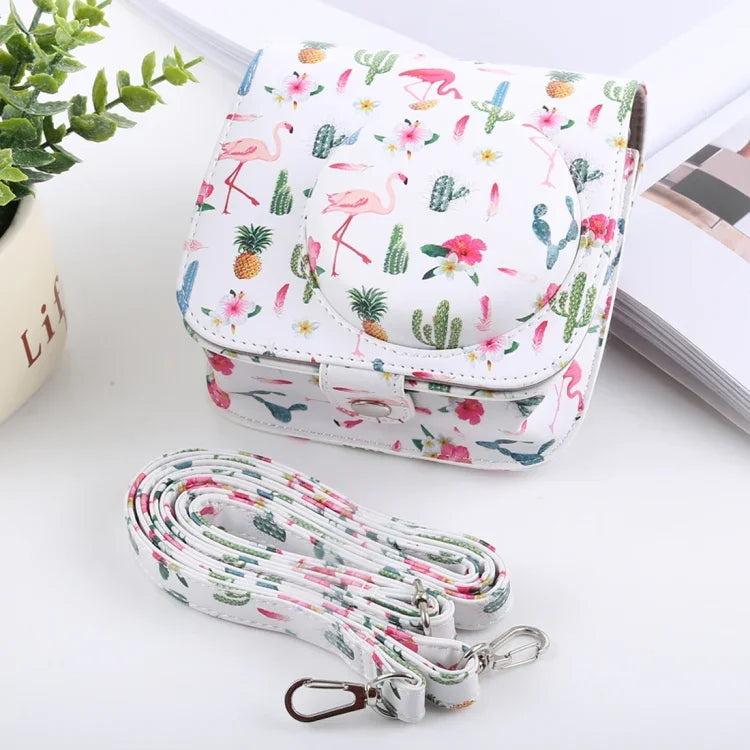 Étui en cuir PU avec bandoulière, motif cactus et flamant rose, pour appareil photo FUJIFILM instax mini 9 / mini 8+ / mini 8.