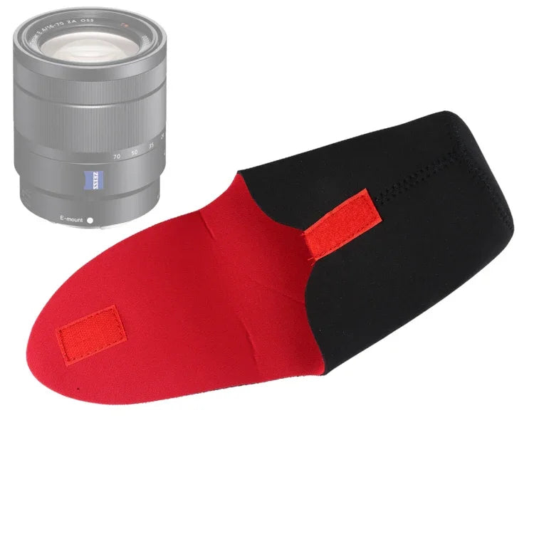 Étui de rangement pour objectif reflex numérique en néoprène épais et antichoc, avec fermeture adhésive. Diamètre : 90 mm, hauteur : 130 mm.