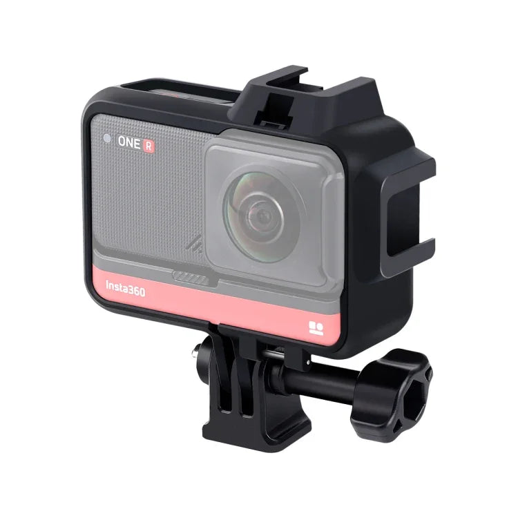 Boîtier de protection en plastique avec support pour Insta360 One R, adaptateur pour trépied, vis longue et griffe porte-accessoires.