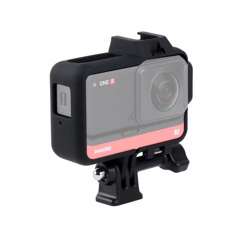 Boîtier de protection en plastique avec support pour Insta360 One R, adaptateur pour trépied, vis longue et griffe porte-accessoires.