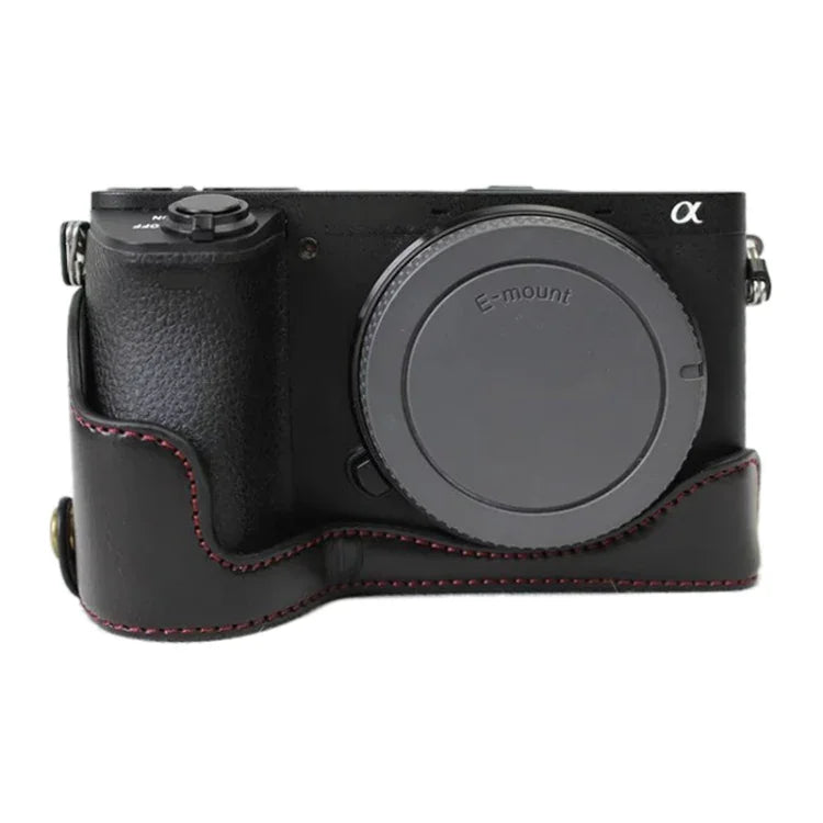 Étui demi-dos en cuir PU avec filetage 1/4 pouce pour appareil photo Sony ILCE-A6500 / A6500