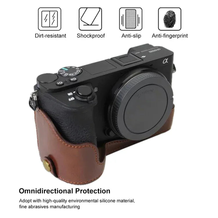 Étui demi-dos en cuir PU avec filetage 1/4 pouce pour appareil photo Sony ILCE-A6500 / A6500