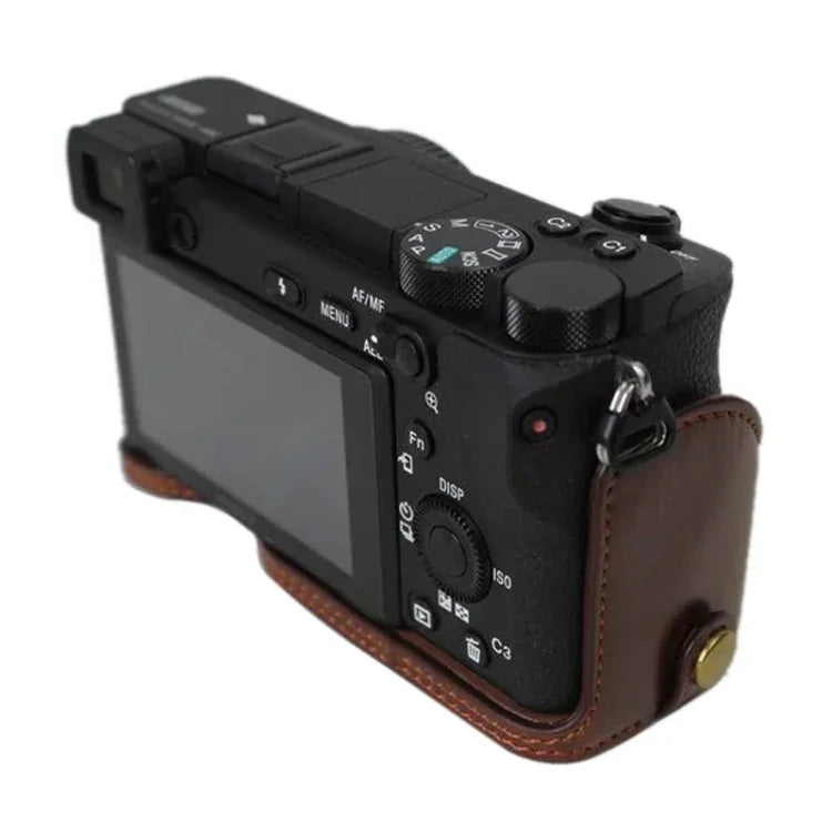 Étui demi-dos en cuir PU avec filetage 1/4 pouce pour appareil photo Sony ILCE-A6500 / A6500