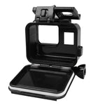 Boîtier 2 en 1 pour GoPro HERO5 : coque arrière tactile + boîtier étanche 45 m (installation sans démontage de l’objectif), avec fixation à boucle et vis de serrage.