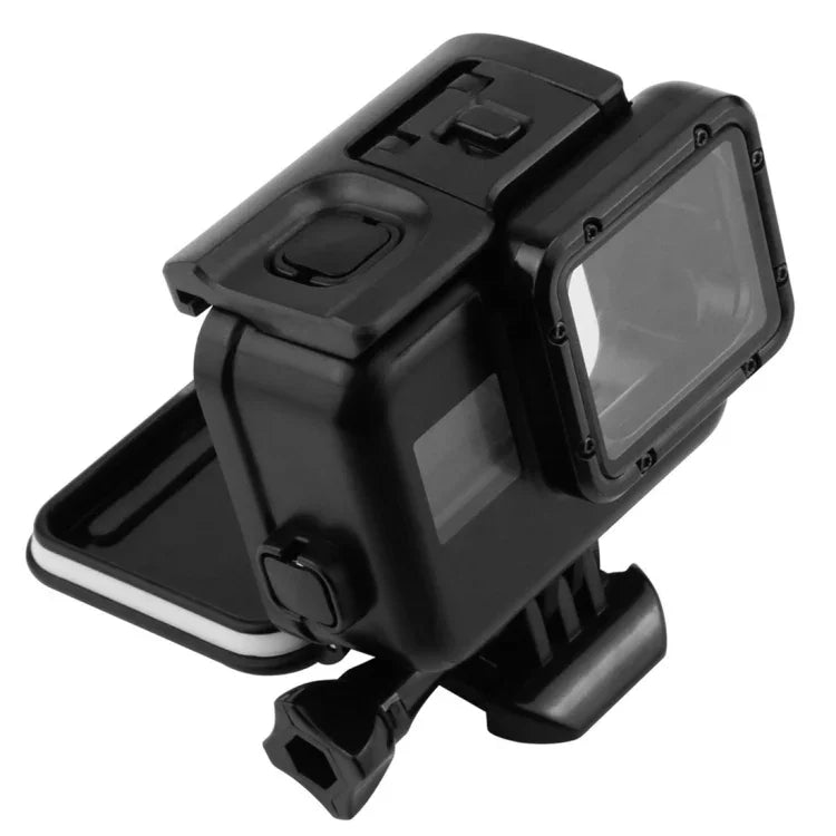 Boîtier 2 en 1 pour GoPro HERO5 : coque arrière tactile + boîtier étanche 45 m (installation sans démontage de l’objectif), avec fixation à boucle et vis de serrage.