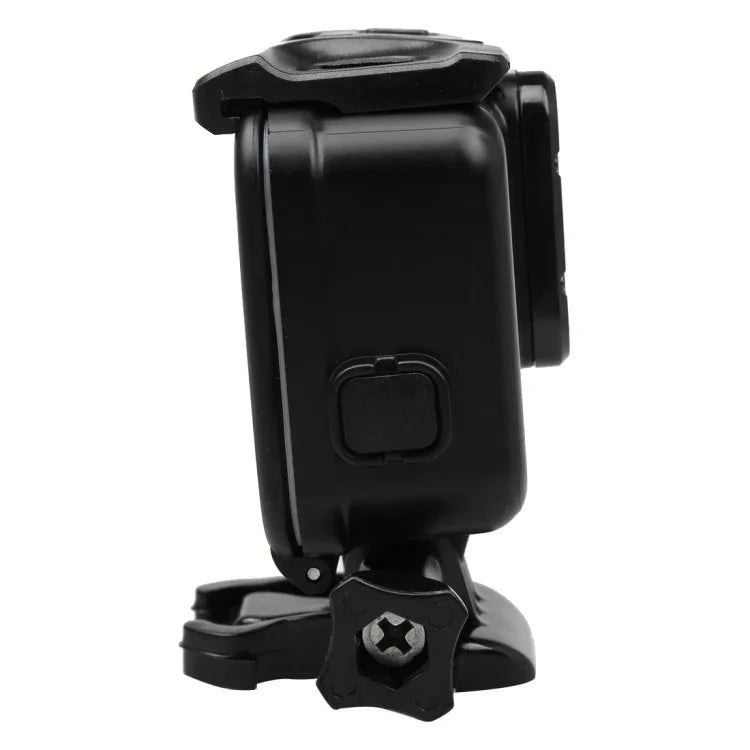 Boîtier 2 en 1 pour GoPro HERO6/5 : coque arrière tactile + boîtier étanche 45 m (nécessite le démontage de l’objectif pour l’installation), avec fixation à boucle et vis de serrage.