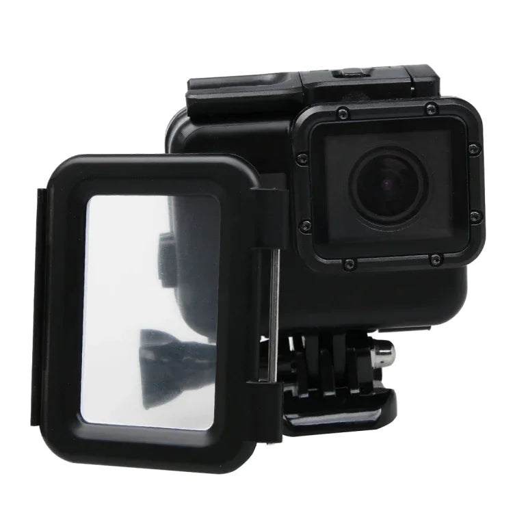 Boîtier 2 en 1 pour GoPro HERO6/5 : coque arrière tactile + boîtier étanche 45 m (nécessite le démontage de l’objectif pour l’installation), avec fixation à boucle et vis de serrage.