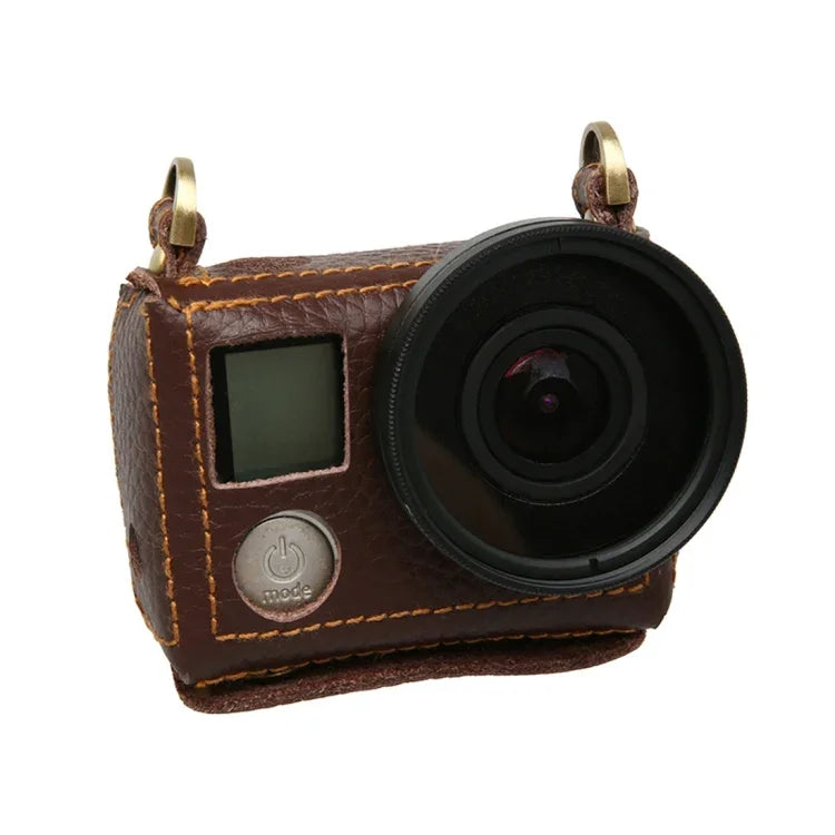 Pour Étui de protection en cuir véritable à texture Litchi pour GoPro HERO4 avec dragonne, texture Litchi (marron)