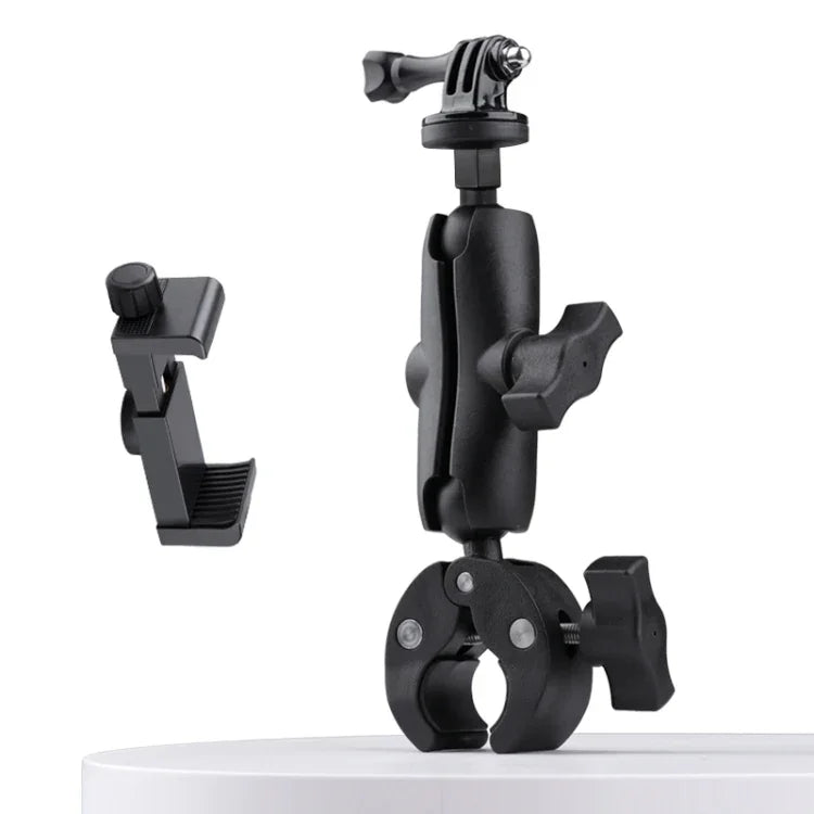 Support de guidon pour vélo/moto avec caméra d'action rotative à 360° et pince pour téléphone (version étendue).