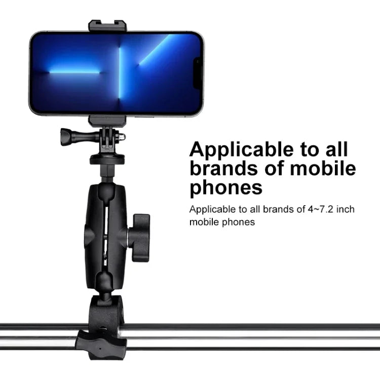 Support de guidon pour vélo/moto avec caméra d'action rotative à 360° et pince pour téléphone (version étendue).