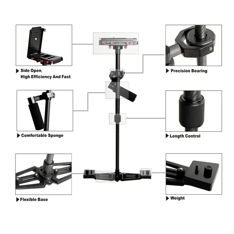Stabilisateur Steadicam professionnel portable YELANGU YLG0107K (40-67 cm) en aluminium aéronautique et fibre de carbone pour appareils photo reflex numériques et caméscopes.