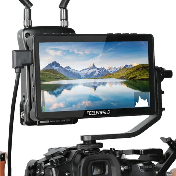 Moniteur de terrain FEELWORLD F5 Pro V4 pour appareils photo reflex numériques avec écran tactile 6 pouces, LUT 3D, entrée/sortie HDMI 4K et bras inclinable.