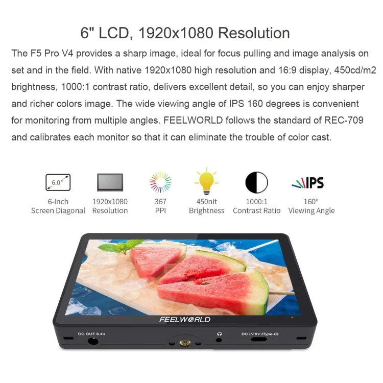 Moniteur de terrain FEELWORLD F5 Pro V4 pour appareils photo reflex numériques avec écran tactile 6 pouces, LUT 3D, entrée/sortie HDMI 4K et bras inclinable.