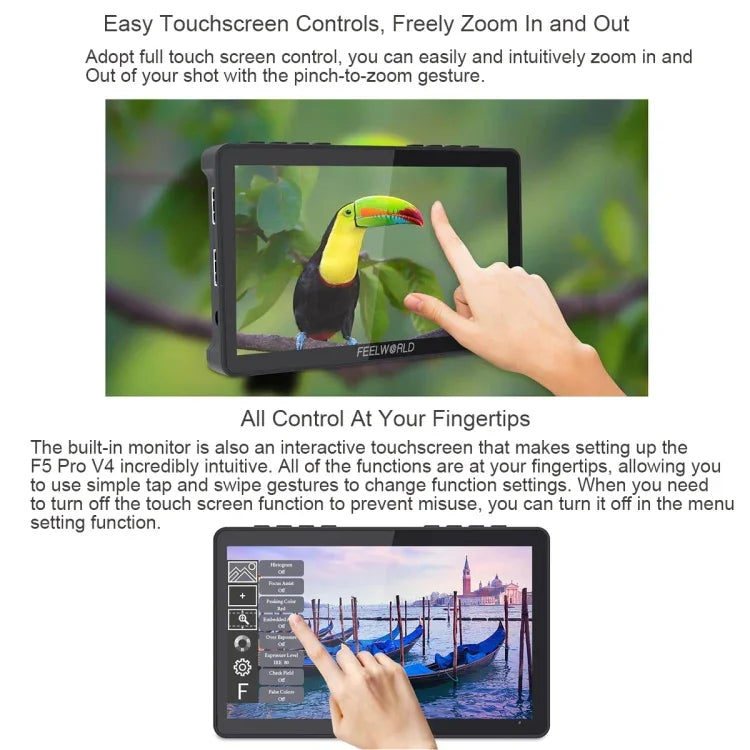 Moniteur de terrain FEELWORLD F5 Pro V4 pour appareils photo reflex numériques avec écran tactile 6 pouces, LUT 3D, entrée/sortie HDMI 4K et bras inclinable.
