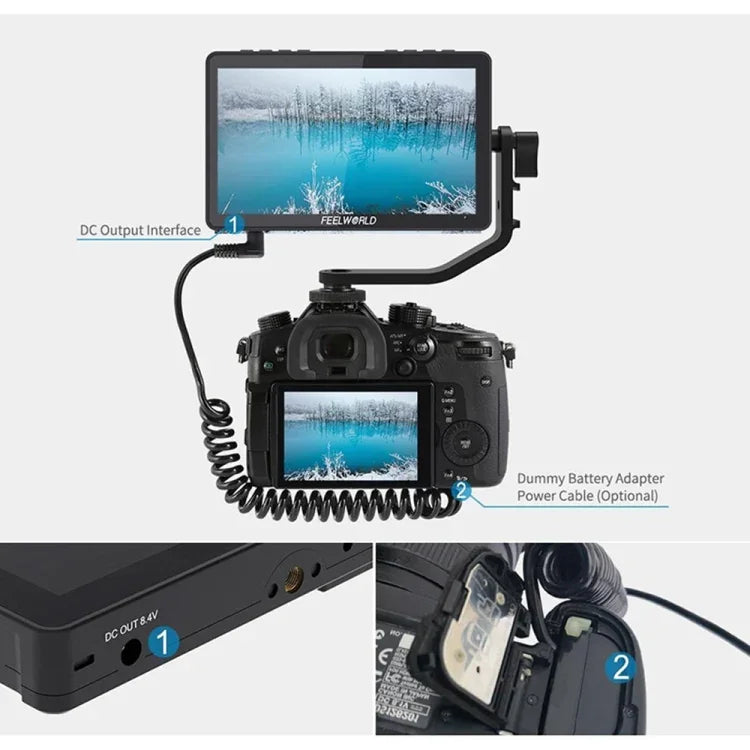 Moniteur de terrain FEELWORLD F5 Pro V4 pour appareils photo reflex numériques avec écran tactile 6 pouces, LUT 3D, entrée/sortie HDMI 4K et bras inclinable.