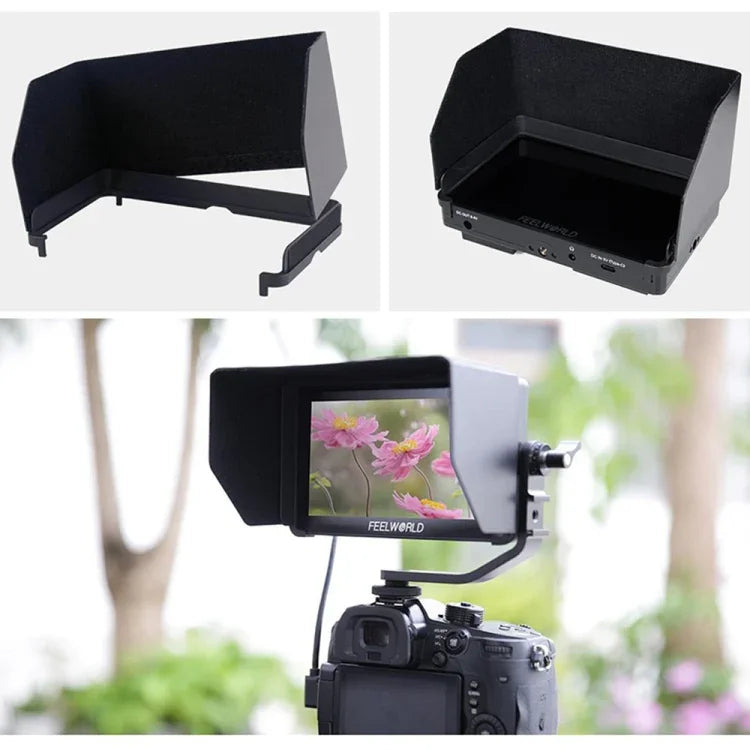 Moniteur de terrain FEELWORLD F5 Pro V4 pour appareils photo reflex numériques avec écran tactile 6 pouces, LUT 3D, entrée/sortie HDMI 4K et bras inclinable.