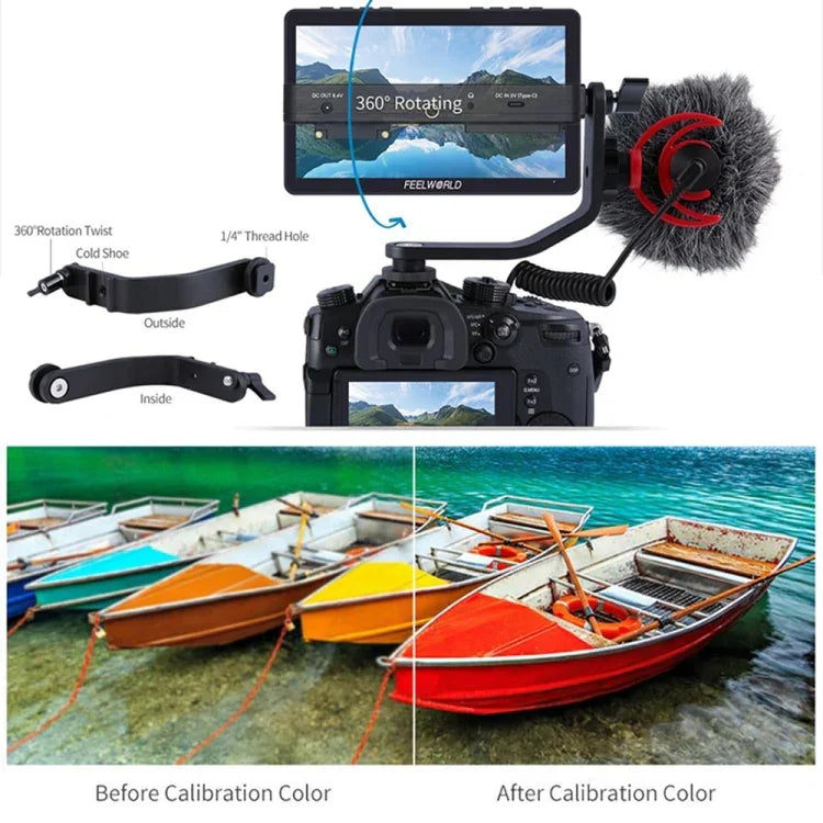 Moniteur de terrain FEELWORLD F5 Pro V4 pour appareils photo reflex numériques avec écran tactile 6 pouces, LUT 3D, entrée/sortie HDMI 4K et bras inclinable.
