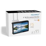 Moniteur de terrain FEELWORLD F5 Pro V4 pour appareils photo reflex numériques avec écran tactile 6 pouces, LUT 3D, entrée/sortie HDMI 4K et bras inclinable.
