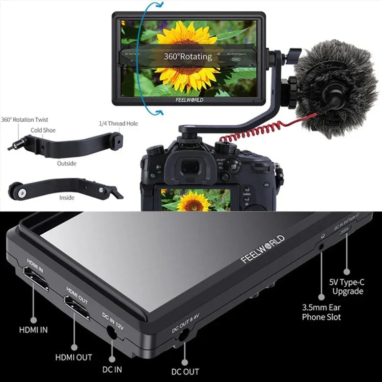 Moniteur de terrain FEELWORLD FW568 V3 6 pouces pour appareils photo reflex numériques, LUT 3D, écran IPS Full HD 1920 x 1152, entrée/sortie HDMI, bras inclinable