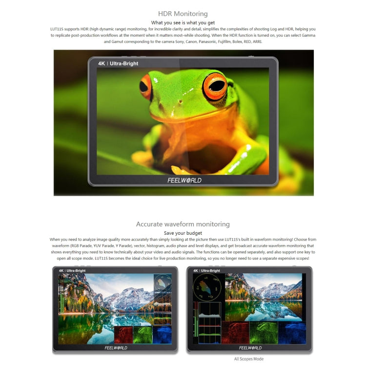 Moniteur de terrain FEELWORLD LUT11S 10,1 pouces à écran tactile ultra-lumineux (2000 nits) pour appareils photo reflex numériques, entrées/sorties 3G-SDI et HDMI 4K, dalle IPS 1920 x 1200, LUT11S