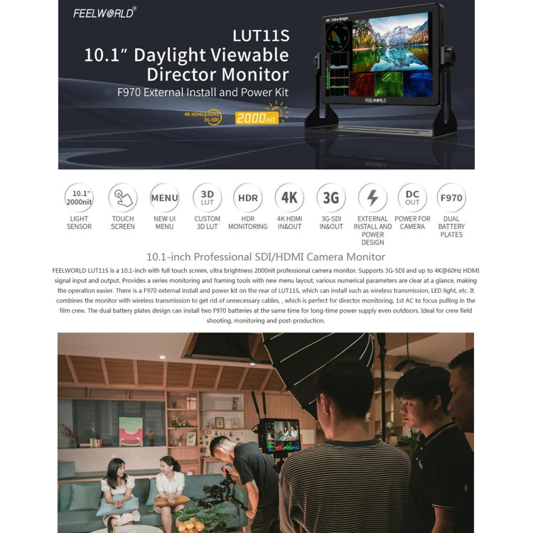 Moniteur de terrain FEELWORLD LUT11S 10,1 pouces à écran tactile ultra-lumineux (2000 nits) pour appareils photo reflex numériques, entrées/sorties 3G-SDI et HDMI 4K, dalle IPS 1920 x 1200, LUT11S
