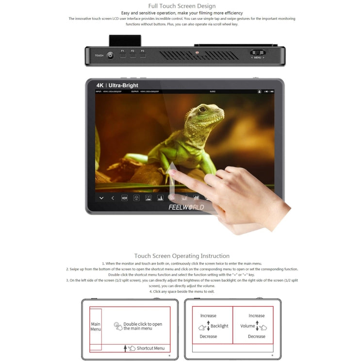 Moniteur de terrain FEELWORLD LUT11S 10,1 pouces à écran tactile ultra-lumineux (2000 nits) pour appareils photo reflex numériques, entrées/sorties 3G-SDI et HDMI 4K, dalle IPS 1920 x 1200, LUT11S