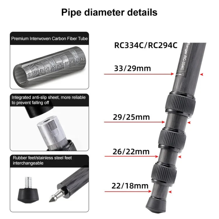 Trépied pour appareil photo pliable et portable en fibre de carbone BEXIN RC334 avec rotule panoramique K44, RC334+K44