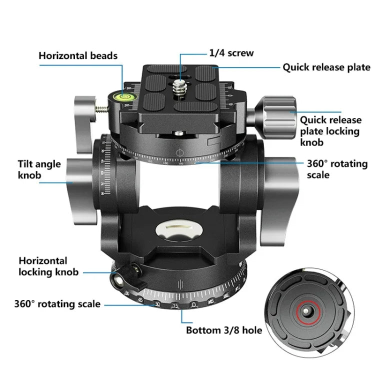Rotule fluide panoramique 2D 720° BEXIN DT-02R/S robuste avec plateau à dégagement rapide, DT-02R/S