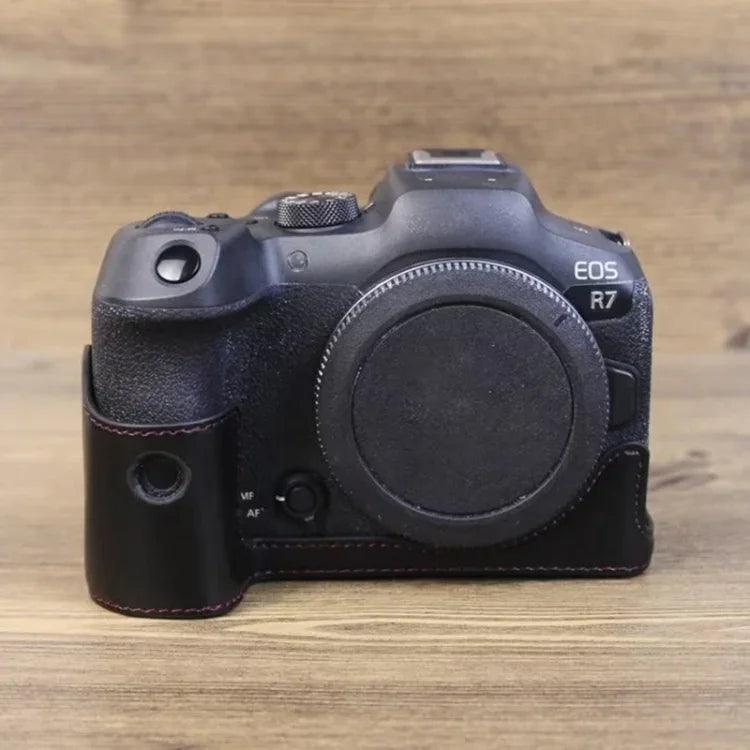 Étui demi-cuir PU pour appareil photo Canon EOS R7, filetage 1/4 pouce.