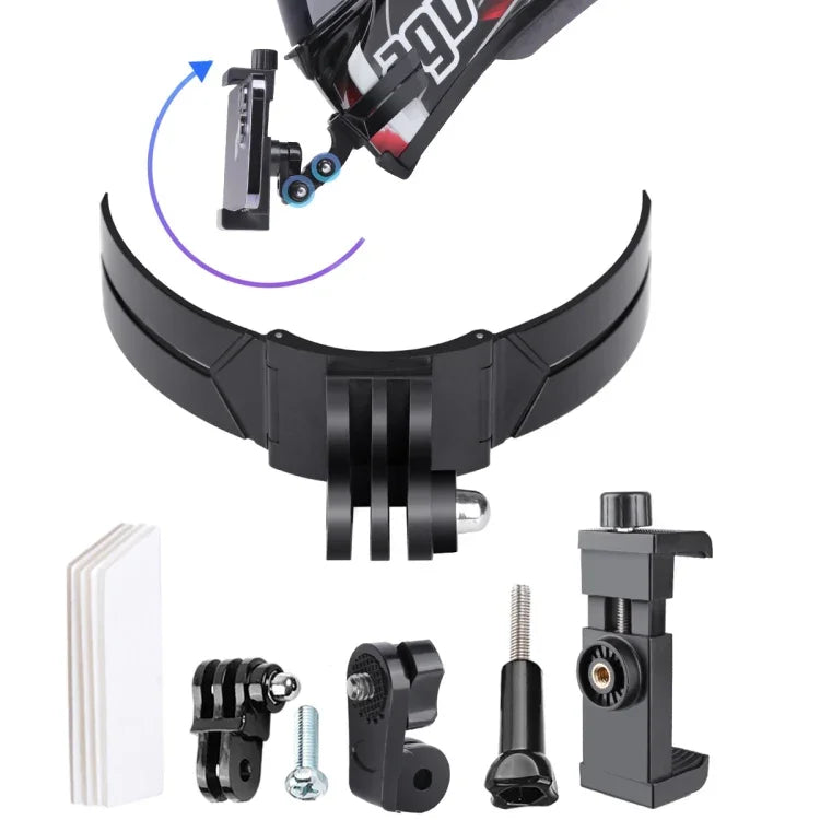 Kit de fixation pliable pour casque de téléphone avec caméra d'action, boucle en J, pince rotative et adaptateur.