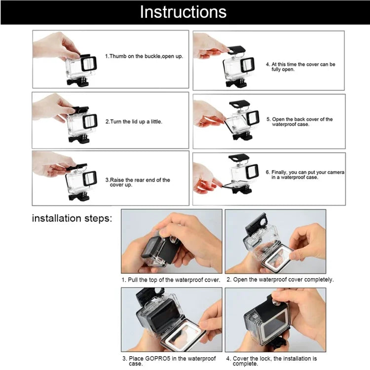 Boîtier étanche 30 m pour GoPro HERO6/5 + couvercle arrière creux avec fixation par boucle et vis, objectif non démontable (GP413), boîtier + couvercle arrière