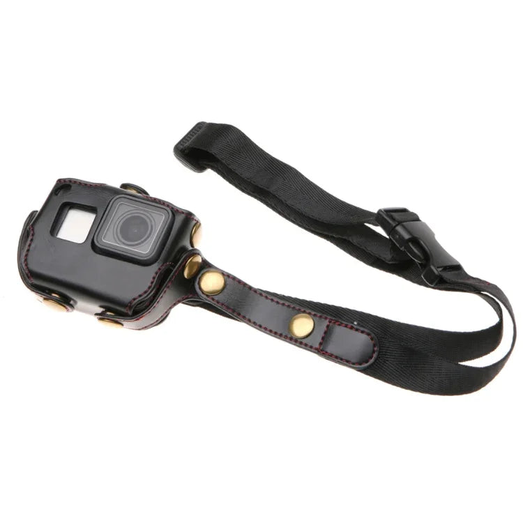 Étui en cuir PU pour GoPro HERO7 Black /6 /5 avec dragonne et boutons, cuir PU (marron), cuir PU (café), cuir PU (noir)