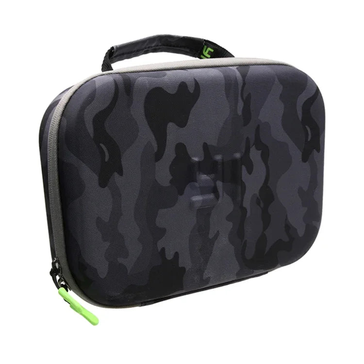 Étui portable en EVA à motif camouflage, antichoc et étanche, compatible avec GoPro, Insta360, DJI et autres caméras d'action. Dimensions : 27 cm x 19 cm x 7 cm.