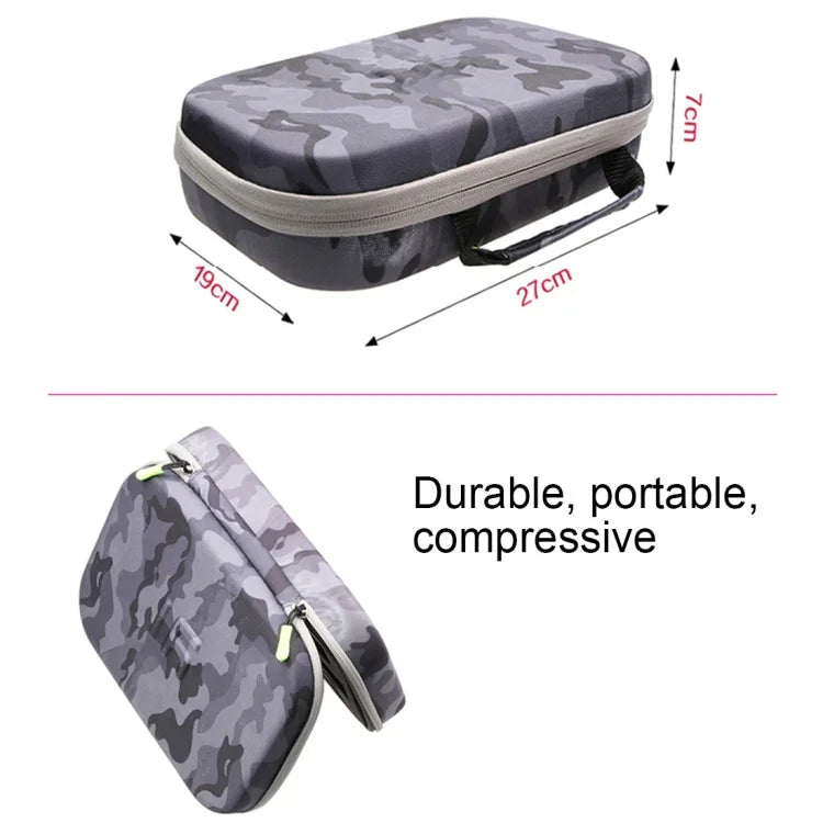 Étui portable en EVA à motif camouflage, antichoc et étanche, compatible avec GoPro, Insta360, DJI et autres caméras d'action. Dimensions : 27 cm x 19 cm x 7 cm.