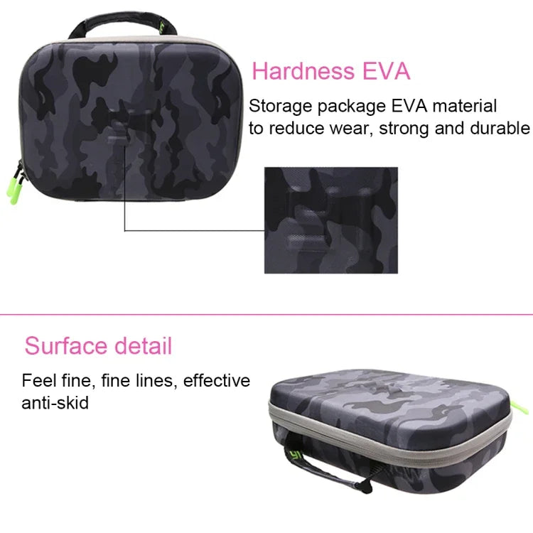 Étui portable en EVA à motif camouflage, antichoc et étanche, compatible avec GoPro, Insta360, DJI et autres caméras d'action. Dimensions : 27 cm x 19 cm x 7 cm.