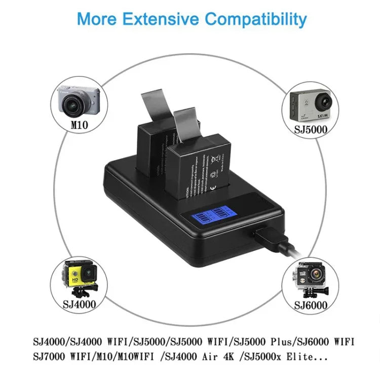 Chargeur double batterie avec écran LCD pour SJCAM SJ7000 / SJ6000 / SJ5000 / SJ4000, affichage de la capacité de charge, compatible avec SJCAM SJ7000