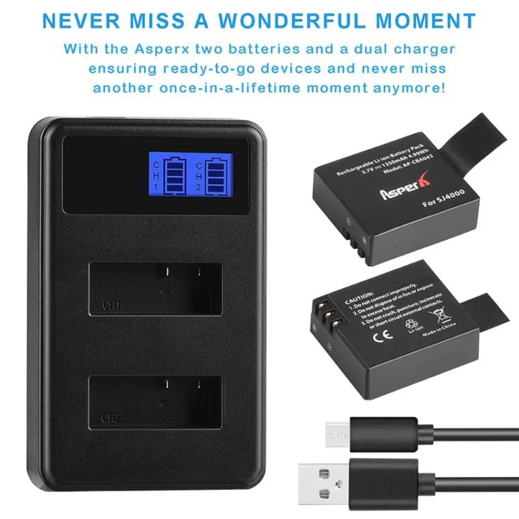 Chargeur double batterie avec écran LCD pour SJCAM SJ7000 / SJ6000 / SJ5000 / SJ4000, affichage de la capacité de charge, compatible avec SJCAM SJ7000