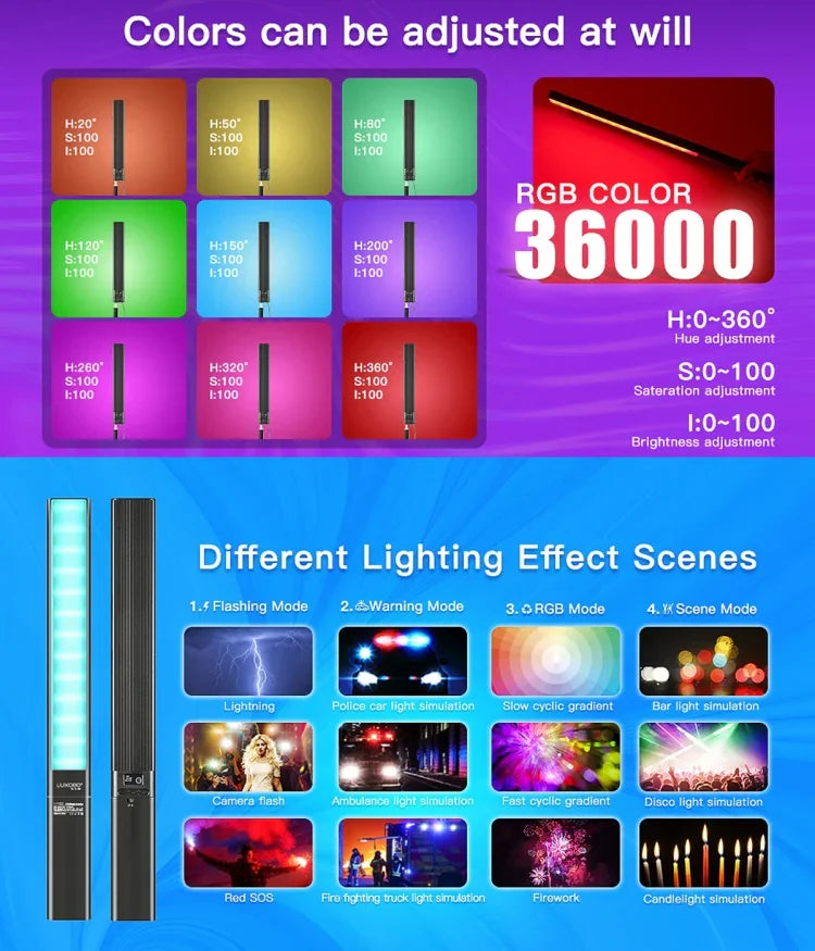 LUXCeO P6 Bâton lumineux LED RGB multicolore pour photos et vidéos, portable, contrôle par application, éclairage d'appoint LED couleur, P6
