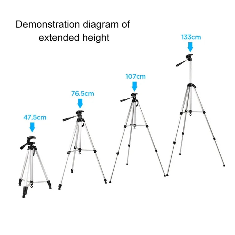 Trépied de diffusion en direct à 3 sections pliables, en alliage d'aluminium, avec rotule tridimensionnelle en forme de U et pince pour téléphone, compatible avec les reflex numériques et appareils photo numériques. Hauteur réglable : 47,5 à 133 cm. 330 A