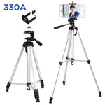 Trépied de diffusion en direct à 3 sections pliables, en alliage d'aluminium, avec rotule tridimensionnelle en forme de U et pince pour téléphone, compatible avec les reflex numériques et appareils photo numériques. Hauteur réglable : 47,5 à 133 cm. 330 A