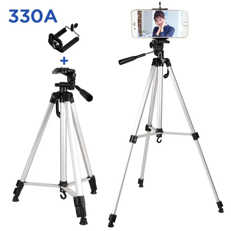 Trépied de diffusion en direct à 3 sections pliables, en alliage d'aluminium, avec rotule tridimensionnelle en forme de U et pince pour téléphone, compatible avec les reflex numériques et appareils photo numériques. Hauteur réglable : 47,5 à 133 cm. 330 A