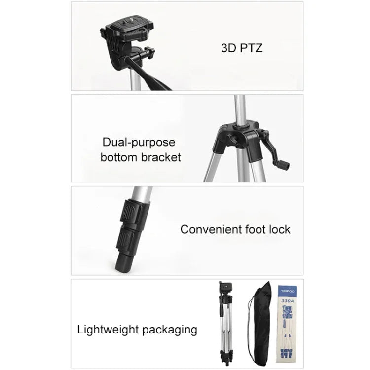 Trépied de diffusion en direct à 3 sections pliables, en alliage d'aluminium, avec rotule tridimensionnelle en forme de U et pince pour téléphone, compatible avec les reflex numériques et appareils photo numériques. Hauteur réglable : 47,5 à 133 cm. 330 A