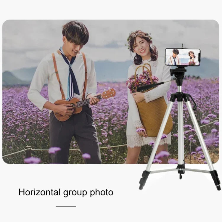 Trépied de diffusion en direct à 3 sections pliables, en alliage d'aluminium, avec rotule tridimensionnelle en forme de U et pince pour téléphone, compatible avec les reflex numériques et appareils photo numériques. Hauteur réglable : 47,5 à 133 cm. 330 A