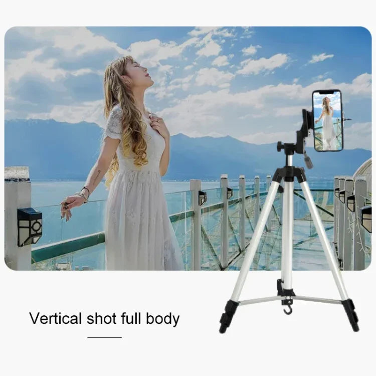 Trépied de diffusion en direct à 3 sections pliables, en alliage d'aluminium, avec rotule tridimensionnelle en forme de U et pince pour téléphone, compatible avec les reflex numériques et appareils photo numériques. Hauteur réglable : 47,5 à 133 cm. 330 A