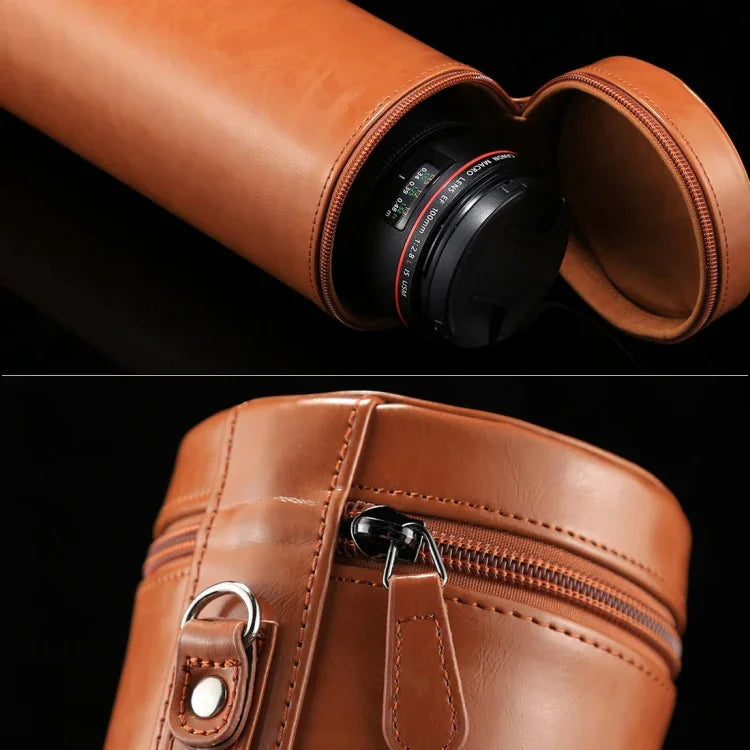 Étui extra large pour objectif reflex numérique, pochette zippée en cuir PU, dimensions : 24,5 × 10,5 × 10,5 cm, coloris : marron, café et noir.