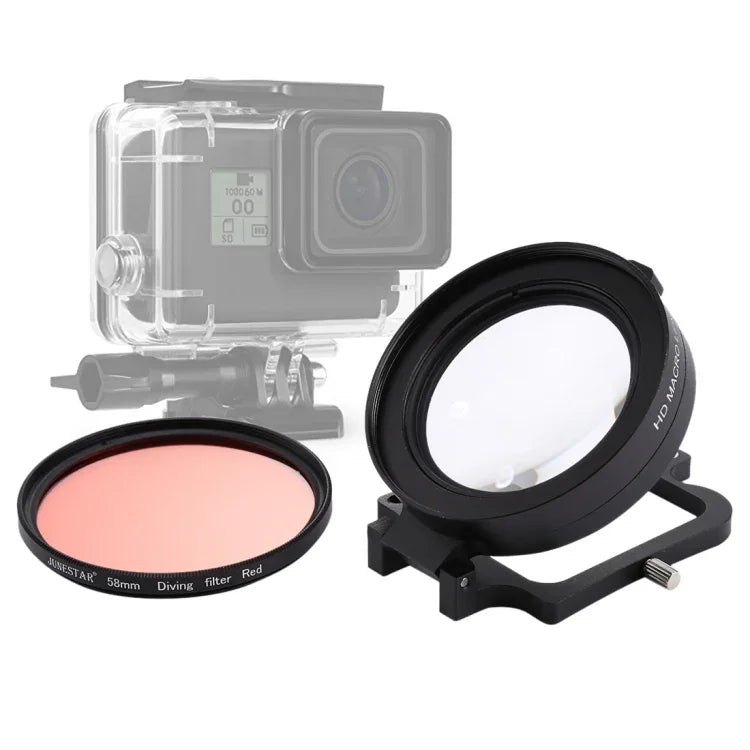 Objectif macro JSR 58 mm 16x + filtre rouge pour plongée avec cache-objectif + bague d'adaptation pour filtre + cordon + chiffon de nettoyage pour caisson étanche GoPro HERO6/5.