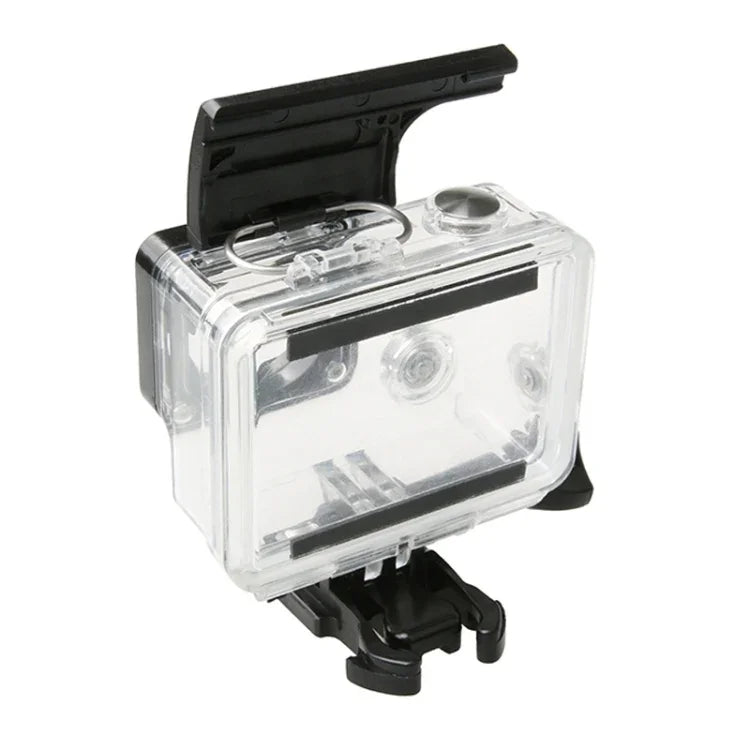 Boîtier étanche en plastique ABS pour caméra d'action sportive GoPro HERO4/3+ avec clip de verrouillage et porte arrière.