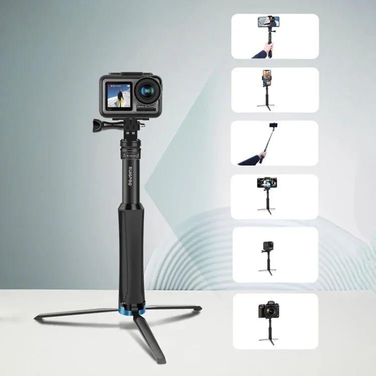RUIGPRO Trépied monobloc portable avec perche à selfie et monopode télescopique pour GoPro, Insta360, DJI et autres caméras d'action (noir)